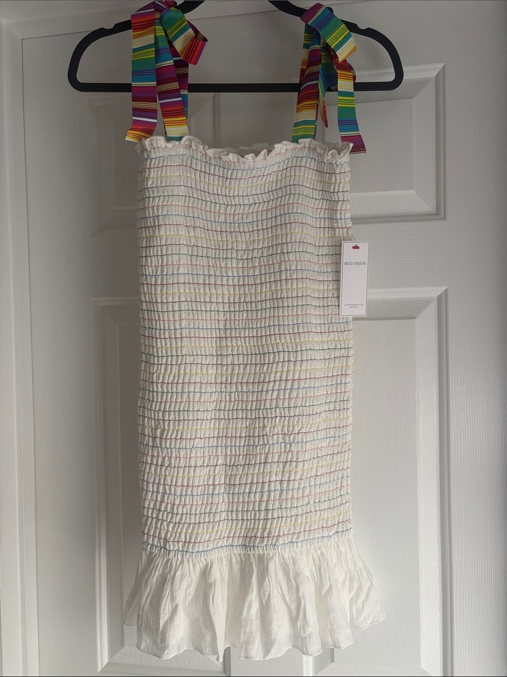 Aura White Smocked Dress with Rainbow Tie Straps